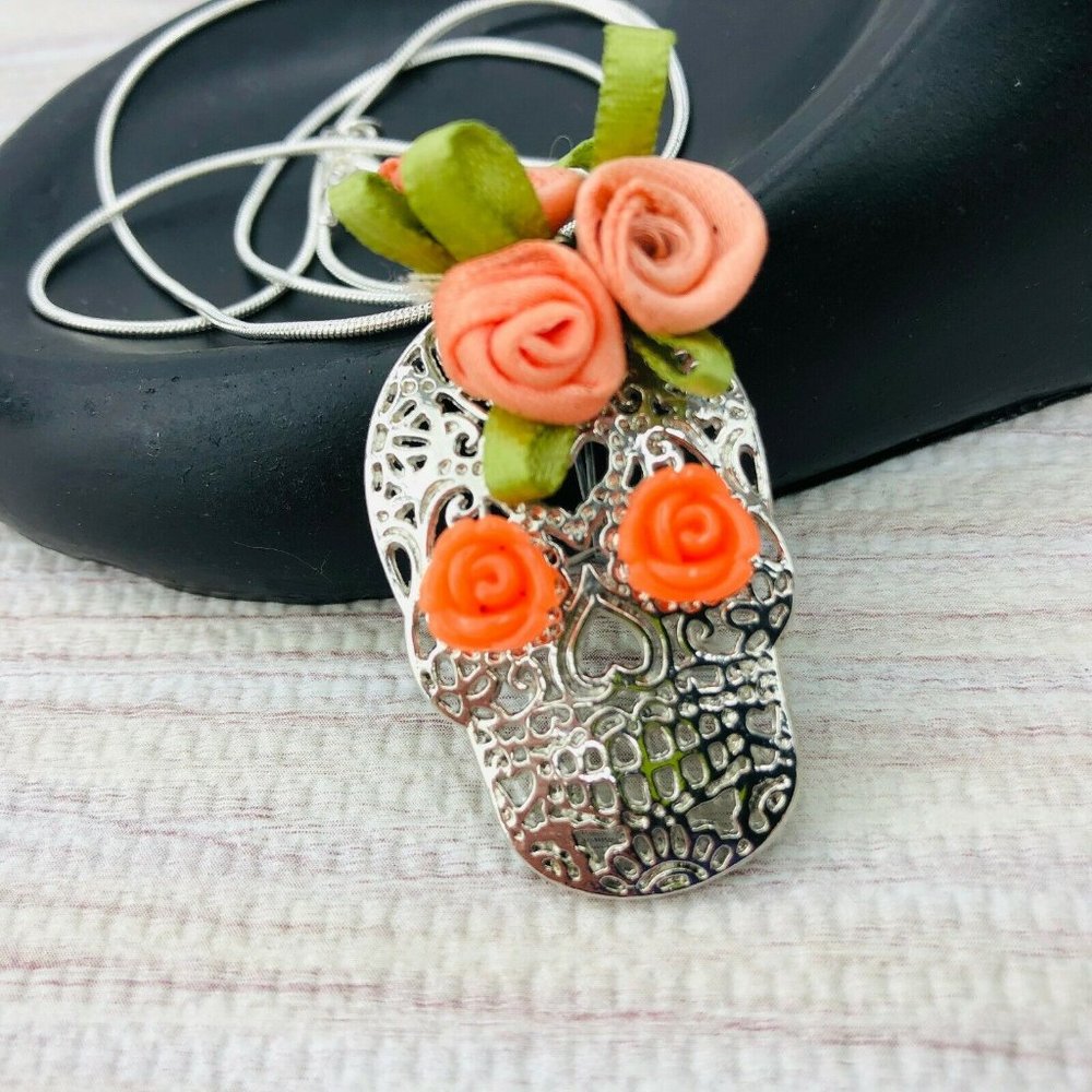 Sugar Skull Charm Necklace Orange Rose Floral Mexi